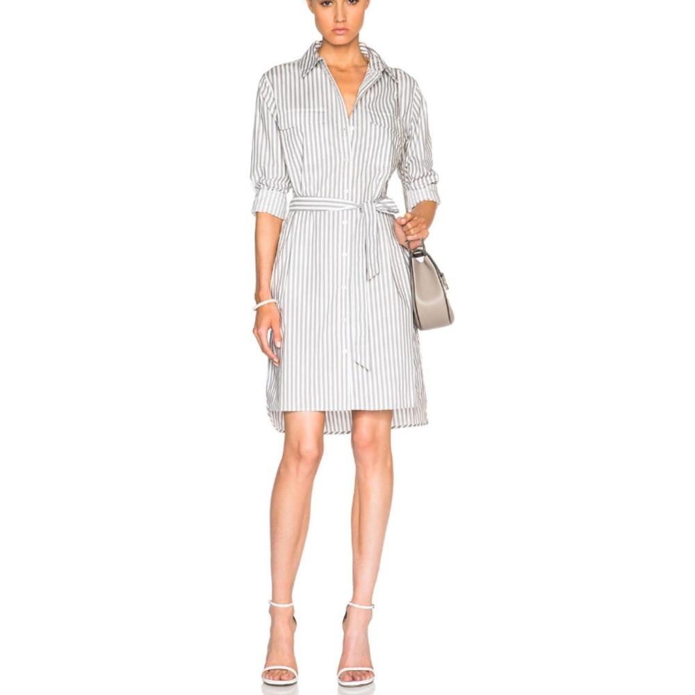 Equipment Femme Dress Womens XS Gray White Striped Belted Cotton Shirtdress